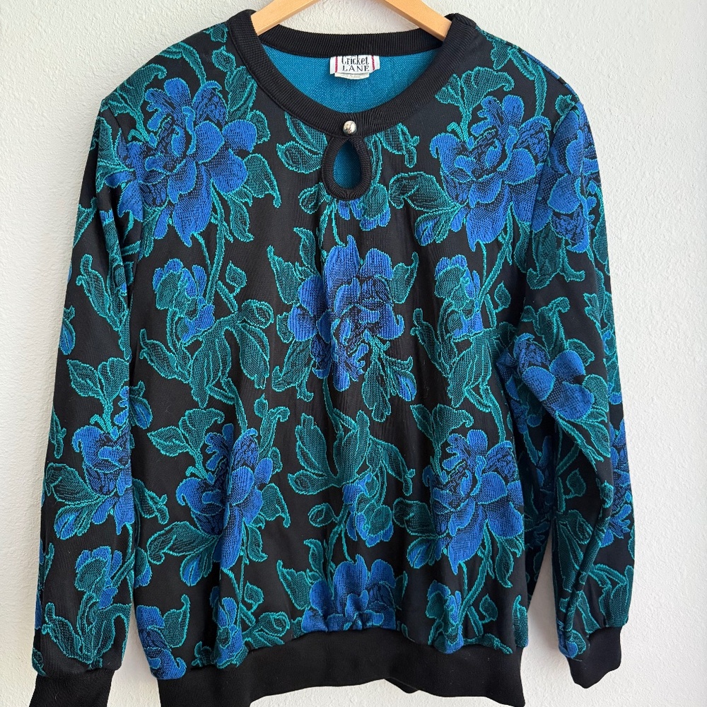Vintage Cricket Lane Floral Knit Sweater Oversized Womens Black Blue Green